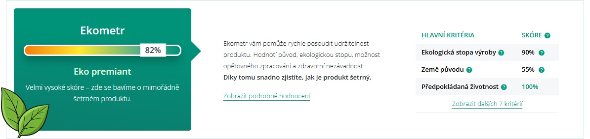 Uk&aacute;zka Ekometru v detailu produktu &ndash; eko sk&oacute;re, slovn&iacute; hodnocen&iacute; a hlavn&iacute; krit&eacute;ria
